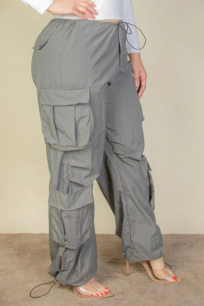 Plus Size Flap Pockets Drawstring Ruched Parachute Pants