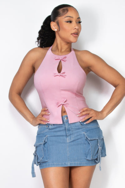 Halter ribbon open-back crop top