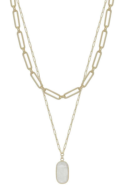 2 Layered Metal Chain Stone Pendant Necklace