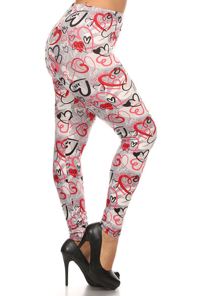 Plus Size Heart Print, Full Length Leggings In A Slim Fitting Style With A Banded High Waist