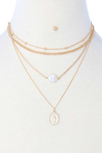 4 Layered Metal Chain Pearl Pendant Necklace Earring Set