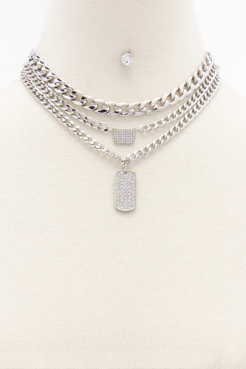 3 Layered Metal Chain Rhinestone Pendant Necklace Earring Set