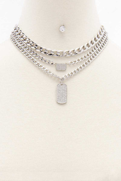 3 Layered Metal Chain Rhinestone Pendant Necklace Earring Set