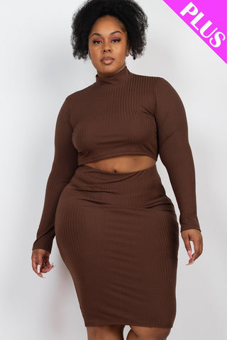 Plus Size Ribbed Mock Neck Crop Top & Midi Skirt Set